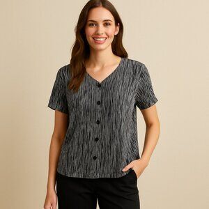 Cable & Gauge Blouse Medium Button Down Black White Striped Minimalist